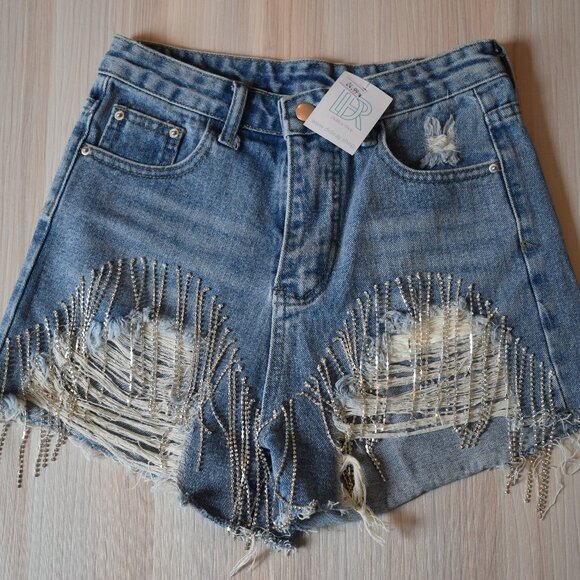 Rhinestone Tassel Denim Shorts - Picture 1 of 5
